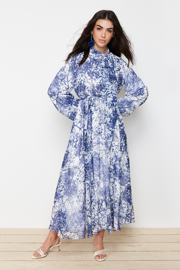 Blaues, langes Abendkleid aus Chiffon mit Blumenmuster und Futter TCTSS24EB00040 - 2