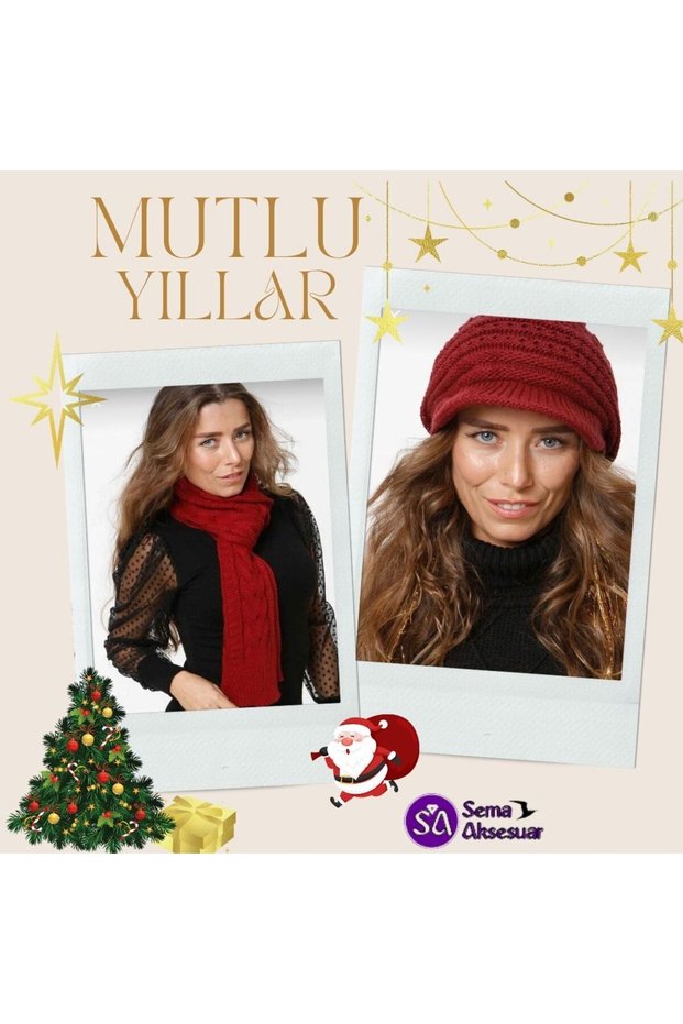 Woman's Maroon Color Knitted Scarf and Visor Knitwear Knitted Beanie Set Set - New Year's Christmas Winter 2-Piece Set