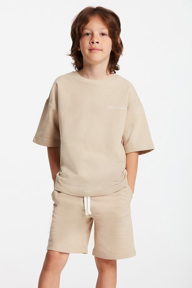Bogota Boys' Embroidered Crew Neck Beige Tracksuit Set