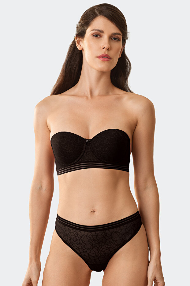 Black 4671 Genoa Underwire Lace Soft Push up Semi-Support Strapless Bra Set with Strap Gift