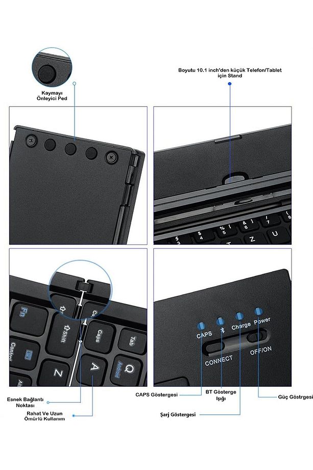 Kablosuz Mini Klavye, Standlı Katlanabilir Şarj Edilebilir Bluetooth Klavye Tablet / Telefon Uyumlu - 4