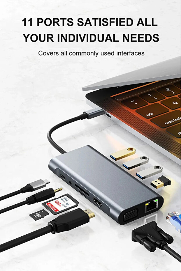 Macbook Uyumlu 11-in-1 tip-c USB 3.0 Hub 4K HDMI VGA PD RJ45 Adaptörü Çoklayıcı Çoğaltıcı - 1