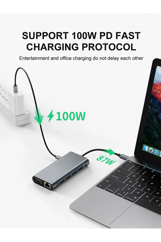Macbook Uyumlu 11-in-1 tip-c USB 3.0 Hub 4K HDMI VGA PD RJ45 Adaptörü Çoklayıcı Çoğaltıcı - 2