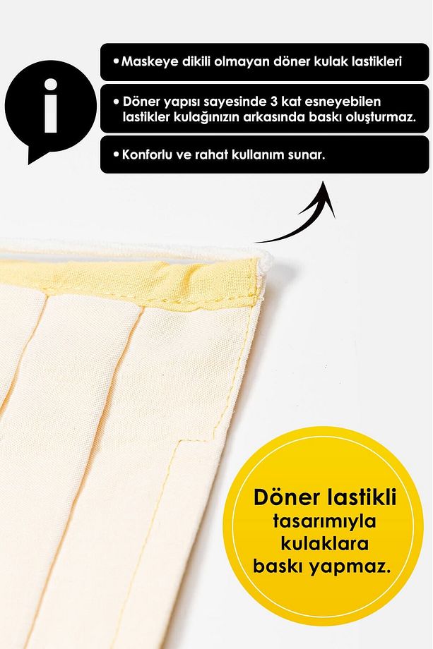 Konfor Modeli 3 Katlı Uzun Burun Telli Sarı Renkli Unisex Pamuklu Kumaş Yıkanabilir Maske - 5
