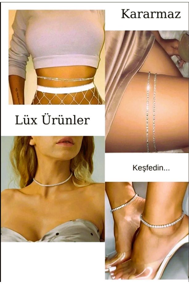 Kristal Taşlı Su Yolu Takı Seti-1Choker Kolye,2Bacak Aksesuarı, 2li-Bel Takısı ve 2-Halhal Xs--Xl - 1