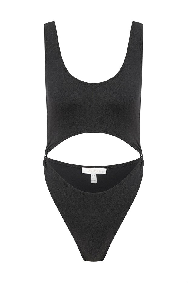 Low-Cut Detailed Black Swimsuit