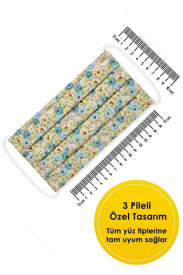 Konfor Modeli 3 Katlı Telli Sarı Renkli Çiçekli Desenli Unisex Pamuklu Kumaş Yıkanabilir Bez Maske - 6