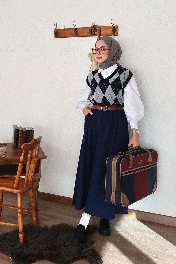 Lacivert Tek Düğmeli Etek I SENA - 6