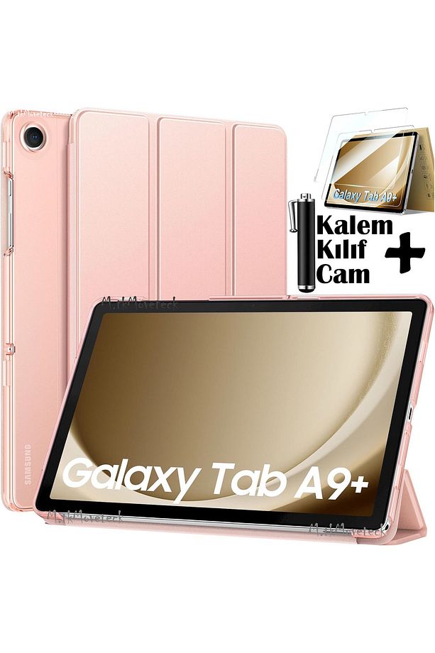 Samsung Galaxy Tab A9 Plus Kılıf 11 inç Sm-X210 Tablet Kılıfı Akıllı Uyku Modlu Şeffaf Cam+Kalem Set - 1