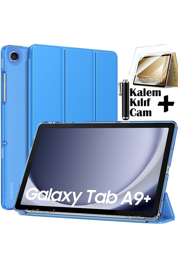 Samsung Galaxy Tab A9 Plus Kılıf 11 inç Sm-X210 Tablet Kılıfı Akıllı Uyku Modlu Şeffaf Cam+Kalem Set - 1