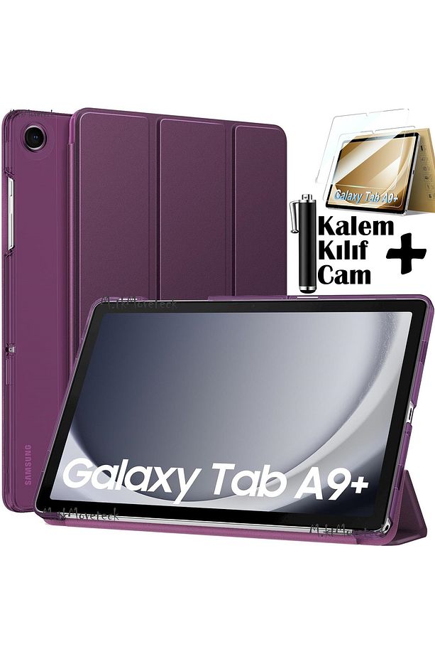 Samsung Galaxy Tab A9 Plus Kılıf 11 inç Sm-X210 Tablet Kılıfı Akıllı Uyku Modlu Şeffaf Cam+Kalem Set - 1