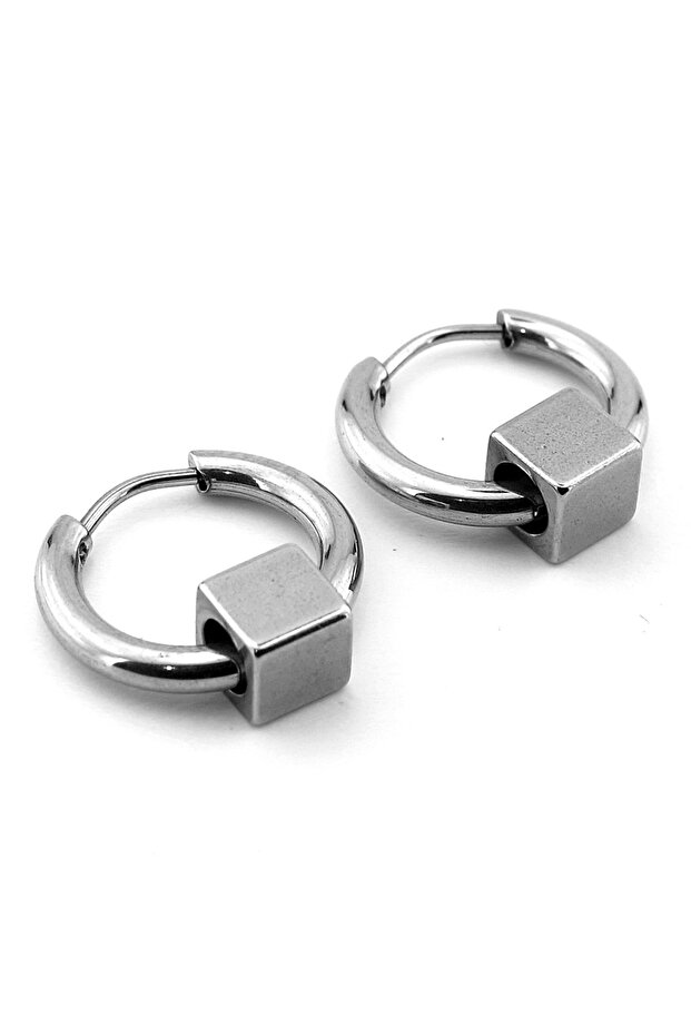 Cube Design Silver Color Stainless Steel Men's Women's Hoop Earrings ER023