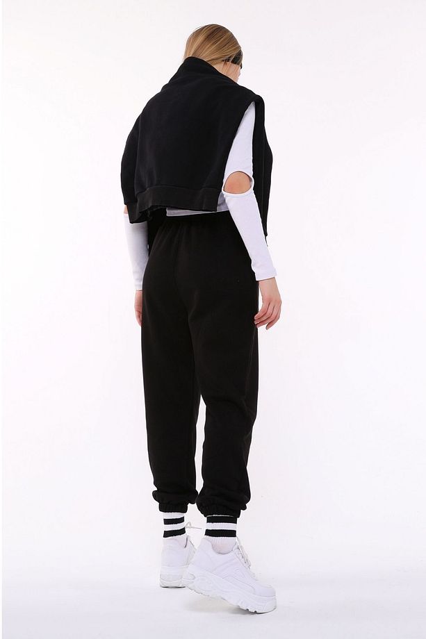 Kadın Siyah Jogger Eşofman Altı - Oversize (CEPLİ, YÜKSEK BEL) - 8