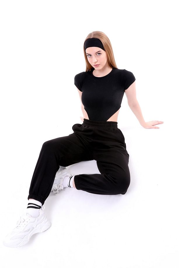 Kadın Siyah Jogger Eşofman Altı - Oversize (CEPLİ, YÜKSEK BEL) - 7