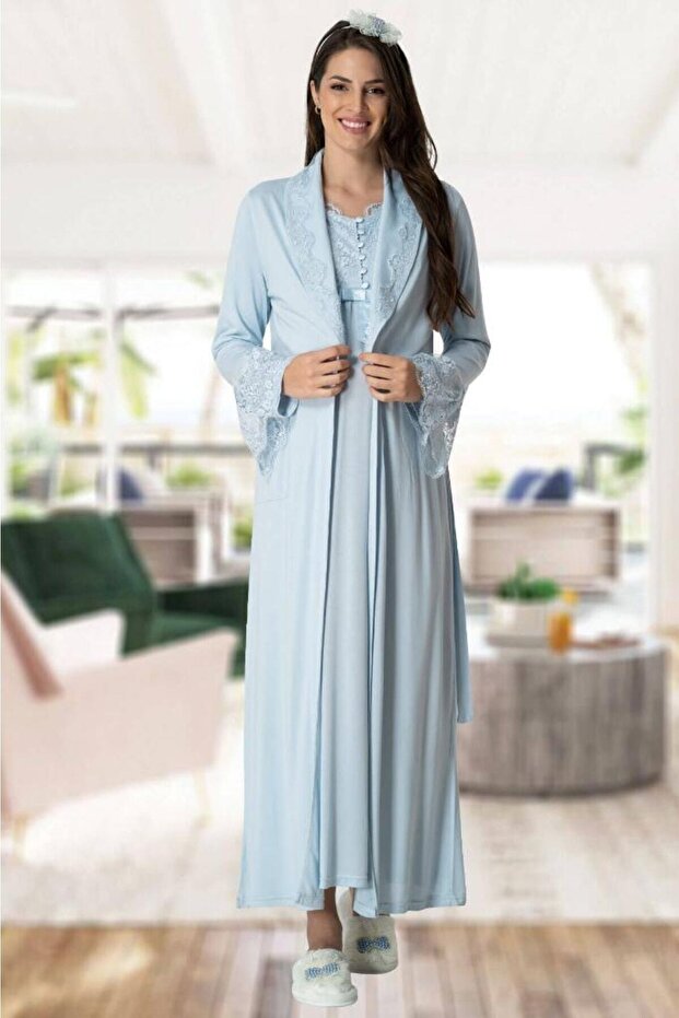5417 Blue Long Maternity Nightgown Set with Dressing Gown