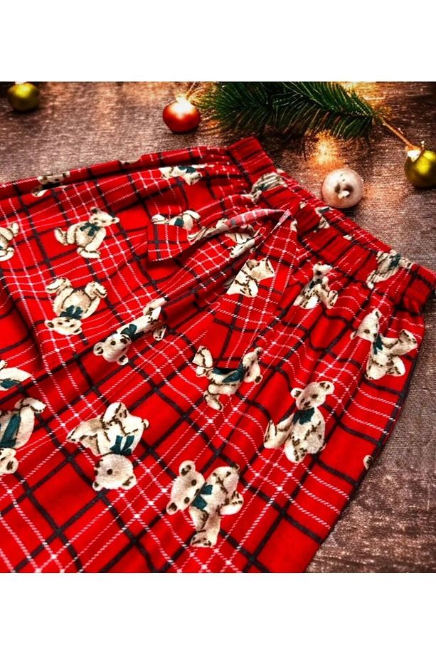 ayıcıklı ve çizgili desen yumuşacık kadife pijama tek alt - 2