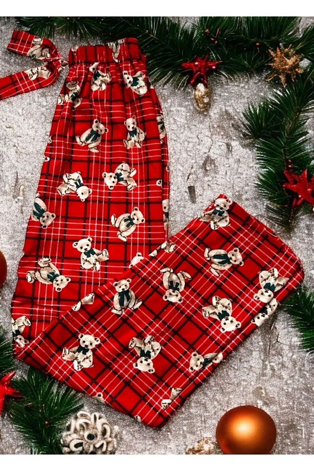 ayıcıklı ve çizgili desen yumuşacık kadife pijama tek alt - 1