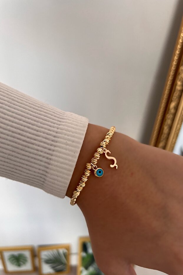 Dorica Bracelet with Letter S and Evil Eye Hanging