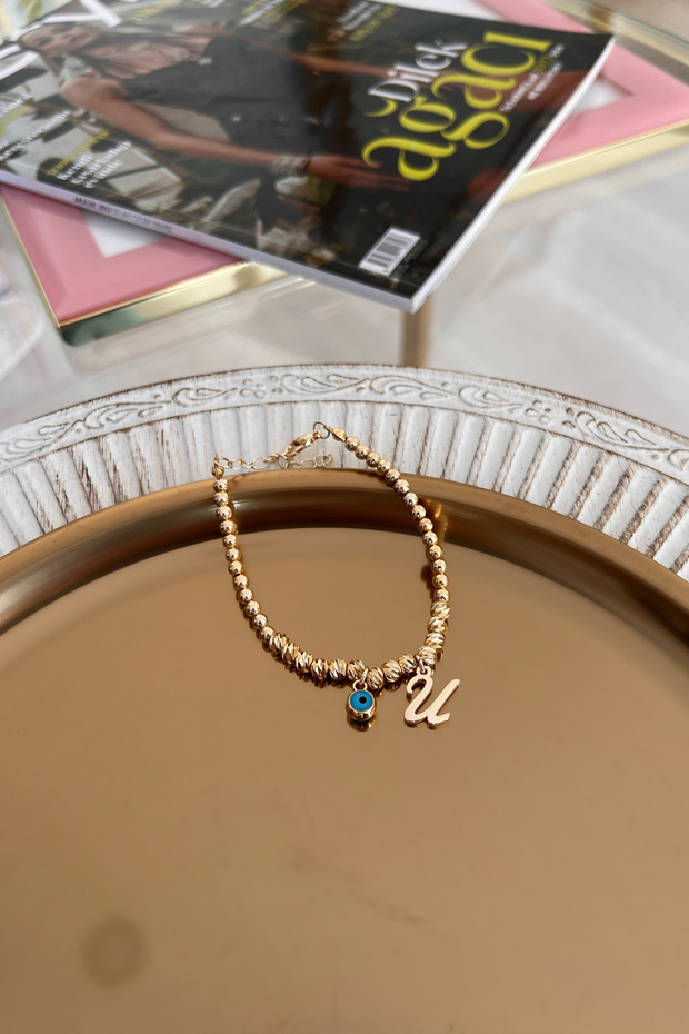 Dorica Bracelet with Letter U and Evil Eye Hanging