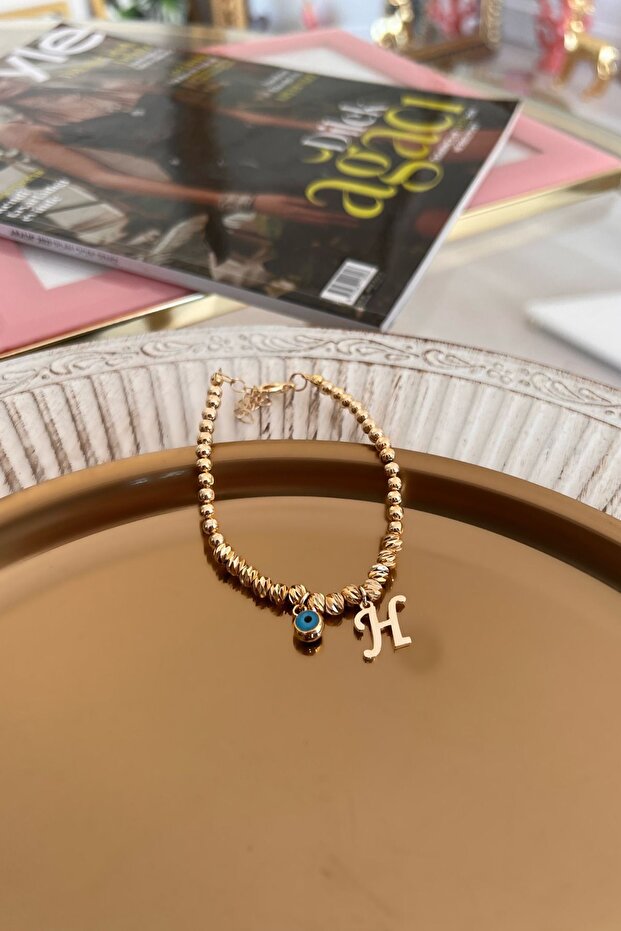 Dorica Bracelet with Letter H and Evil Eye Hanging