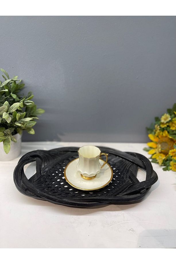 Dekoratif Polyester Tekli Hasır Sunumluk Tepsi Siyah - 6