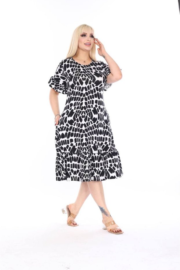 Plus Size Knee-Length Sleeve And Skirt Ruffle detailed short sleeve Stylish Pocket Viscose Combed Cotton Dress