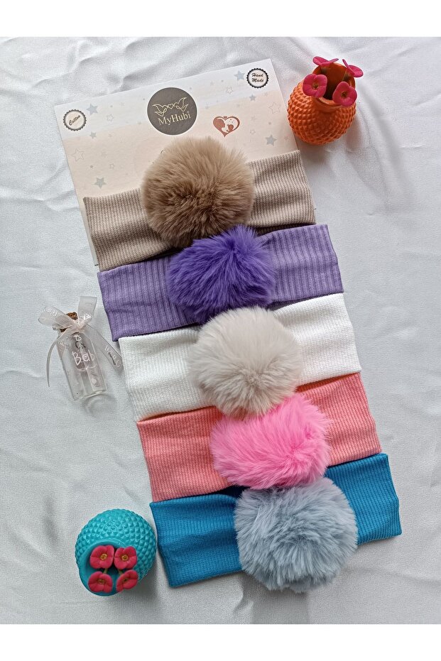 5-Piece Combination (Boxed) Handmade Baby Girl Rabbit Hair Pompom Bandana