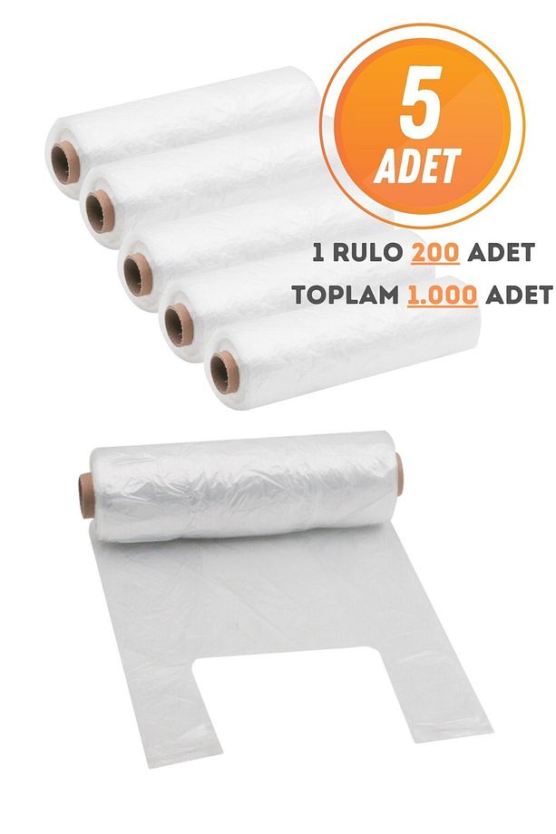 5 Adet Büyük Boy Rulo Poşet Market Manav Poşeti Tek Rulo 200'lü Toplam 1000 Adet - 1