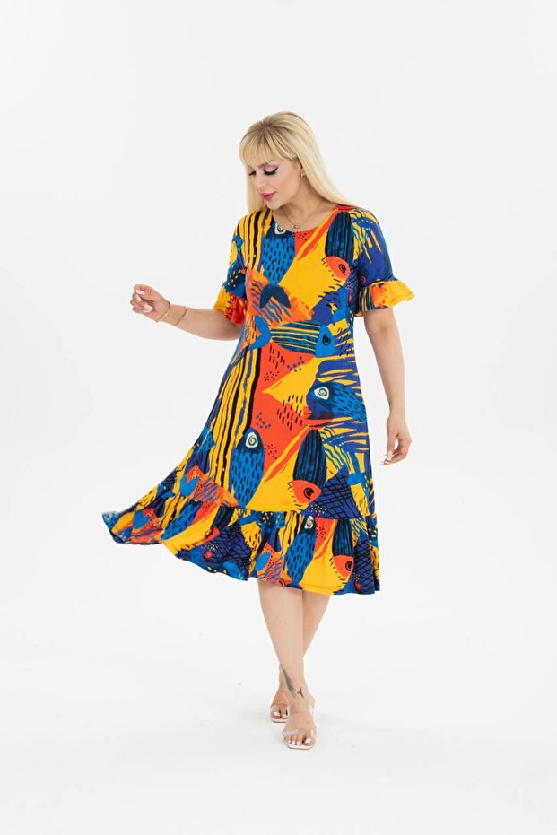 Plus Size Knee-Length Sleeve And Skirt Ruffle detailed short sleeve Stylish Pocket Viscose Combed Cotton Dress