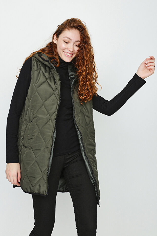 Kadın Fermuarlu Uzun Şişme Yelek - 2