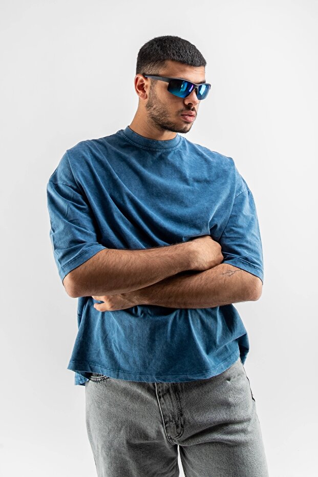 Yıkamalı Mavi Basic Oversize Unisex Tshirt - 6