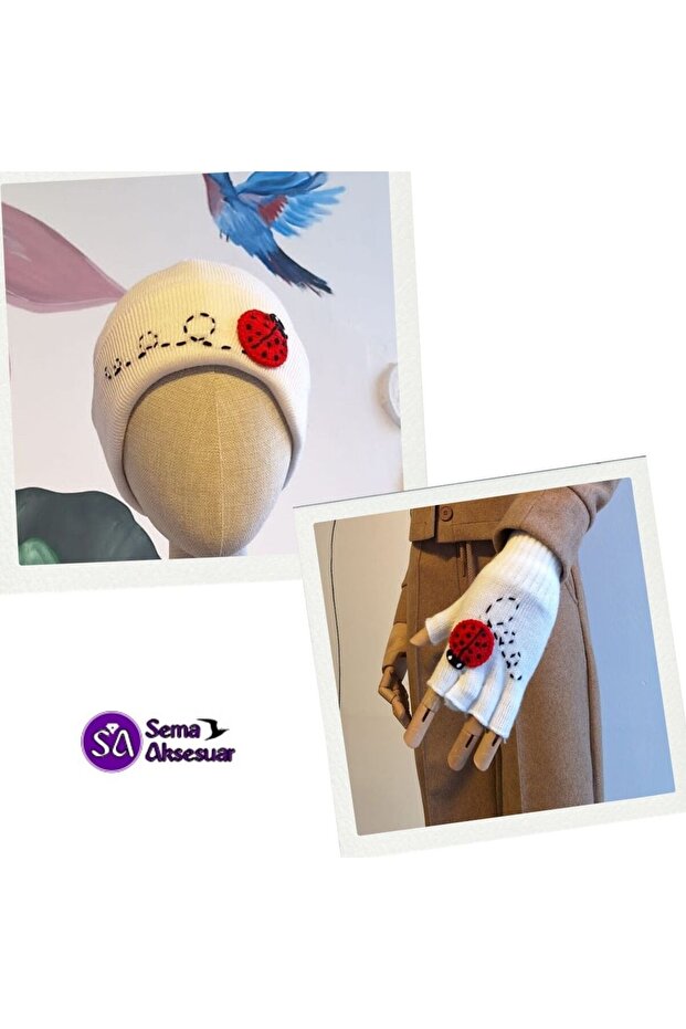 White Handmade Ladybug Embroidered Beanie and Cut Fingers Gloves Set - Valentine's Day Gift