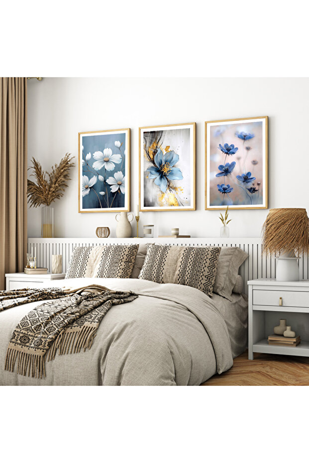 3 Piece Wooden Framed Painting Set Blue Bloom