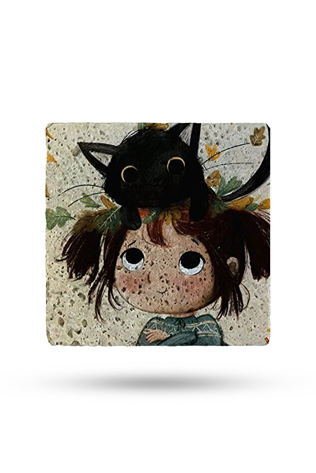 20X20Cm Trivet Natural Stone - Girl and Cat Pattern Printed, Teapot Base