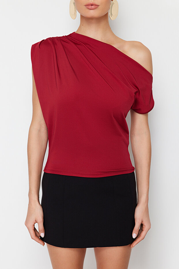 Bordo Regular/Normal Kalıp Asimetrik Yaka Sıfır Kol Esnek Örme Bluz TWOSS24BZ00396 - 5