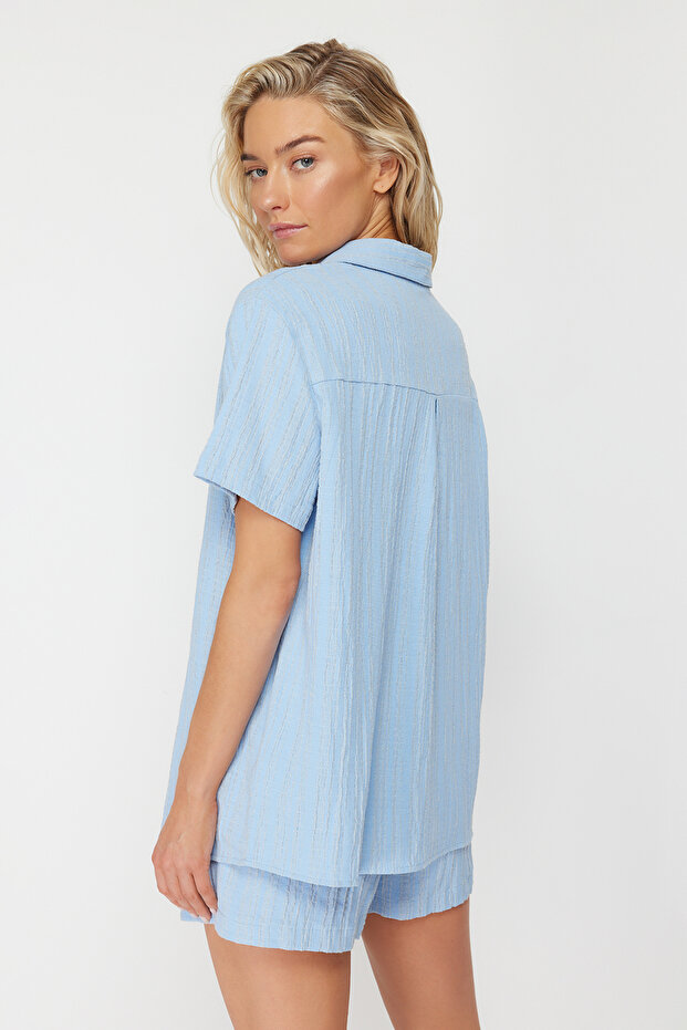 Mavi Dokuma Plaj Gömlek-Şort Takım TBESS23AU00054 - 6