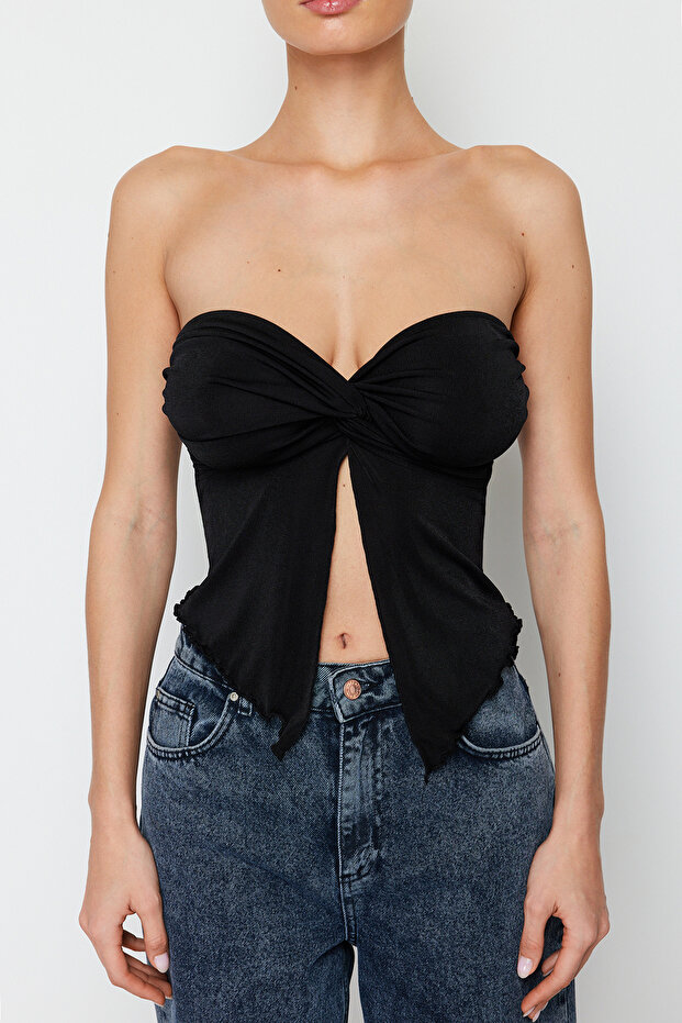 Siyah Buzzy Kalp Yaka Büzgülü Esnek Crop Örme Bluz TWOSS24BZ00204 - 4