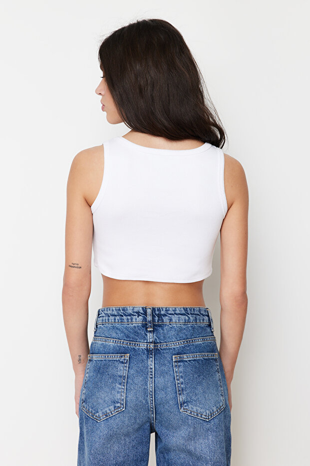 Beyaz Askılı Crop Fitilli Esnek Örme Atlet TWOSS24AL00023 - 6