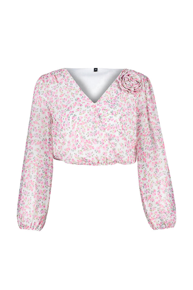 Pembe Crop Astarlı Gül Detaylı Çiçekli Şifon Dokuma Bluz TWOSS24BZ00344 - 7