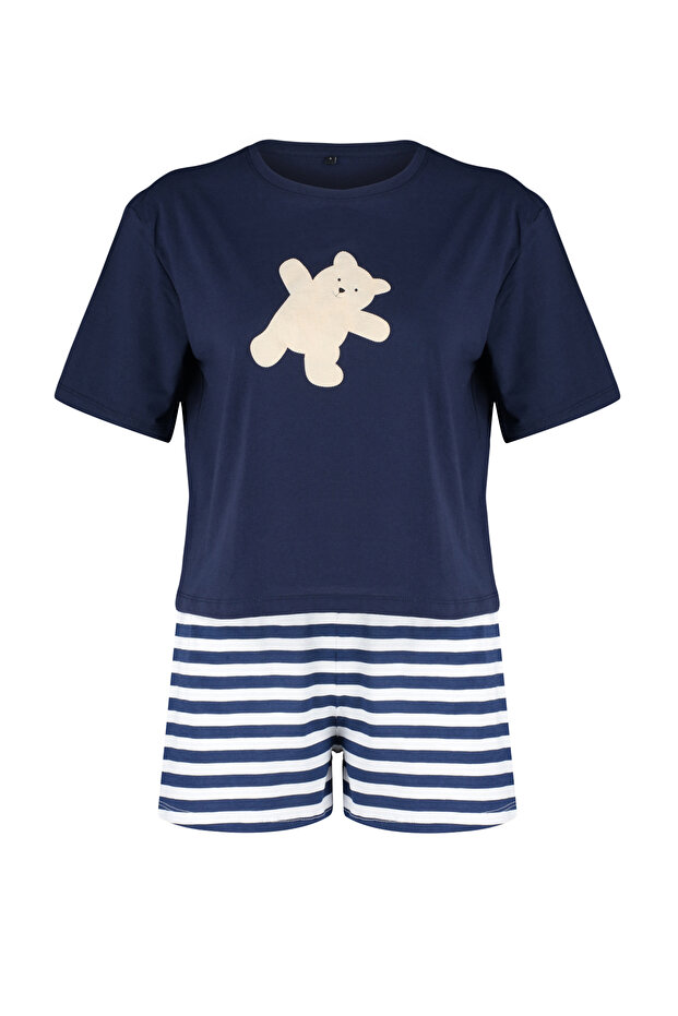 Lacivert %100 Pamuklu Ayıcıklı Şortlu Örme Pijama Takımı THMSS24PT00039 - 7