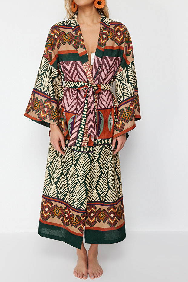 Etnik Desenli Dokuma Maxi Plaj Kuşaklı Kimono&Kaftan TBESS24KM00022 - 4