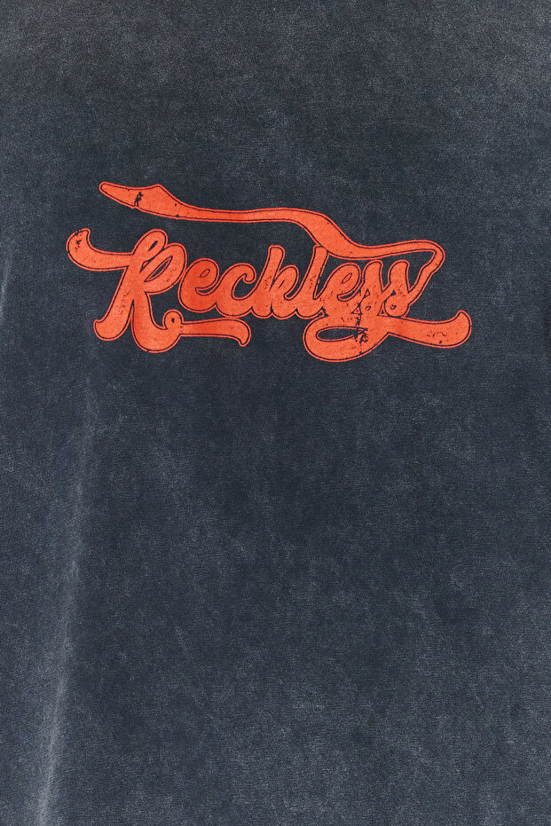 Antrasit Oversize/Geniş Kesim Soluk Efektli Yazı Baskılı %100 Pamuklu T-Shirt TMNSS24TS00120 - 6
