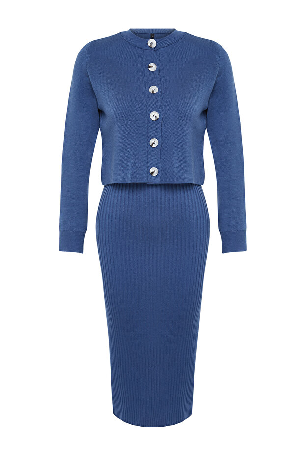 Indigo Düz Midi Triko Elbise TWOSS23EL00738 - 8