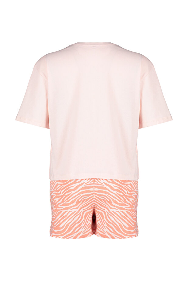 Pembe %100 Pamuklu Zebra Baskılı Şortlu Örme Pijama Takımı THMSS24PT00042 - 8