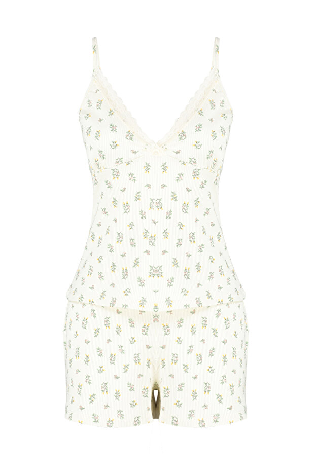 Ekru Pamuklu Çiçekli Dantelli İp Askılı Fitilli Şortlu Örme Pijama Takımı THMSS24PT00062 - 8
