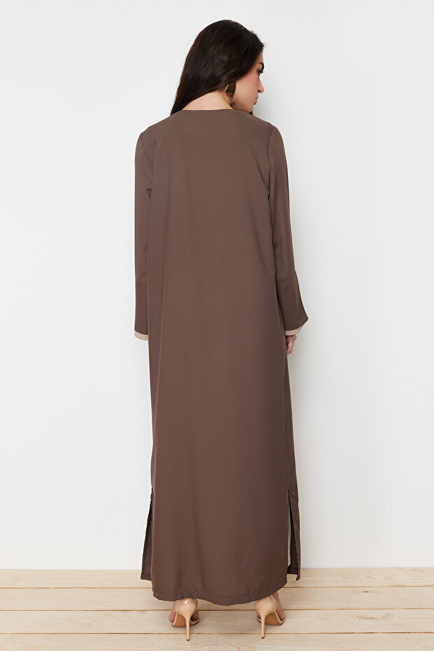 Kahverengi Taş Renk Bloklu Uzun Aerobin Dokuma Kap & Ferace & Abaya TCTSS24KF00011 - 6