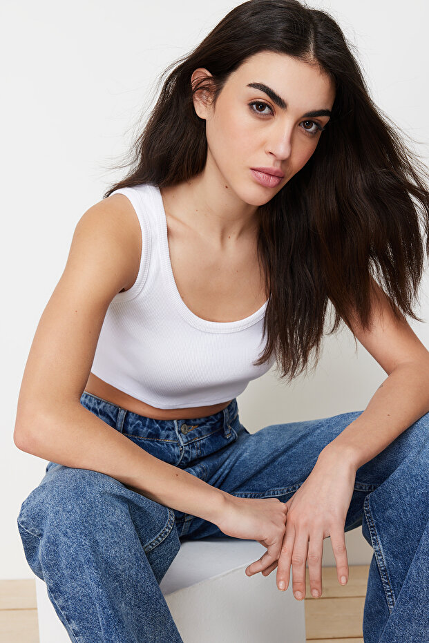 Beyaz Askılı Crop Fitilli Esnek Örme Atlet TWOSS24AL00023 - 3