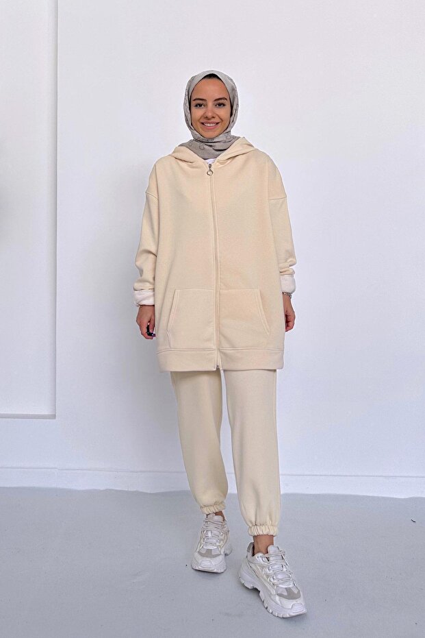 Hooded Shawl Hijab Tracksuit Set - Cream