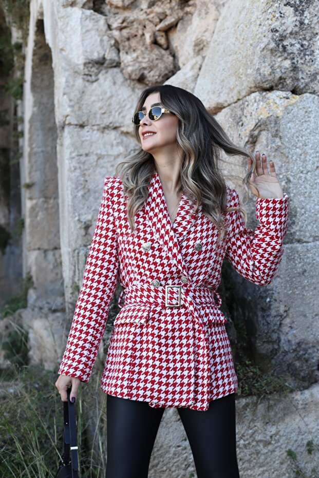 Red Houndstooth Self-Belted Blazer
