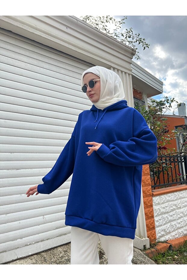 Extra Oversize Saks Basic 3 Iplik Pamuklu Şardonlu Kadın Sweatshirt 1003 - 1